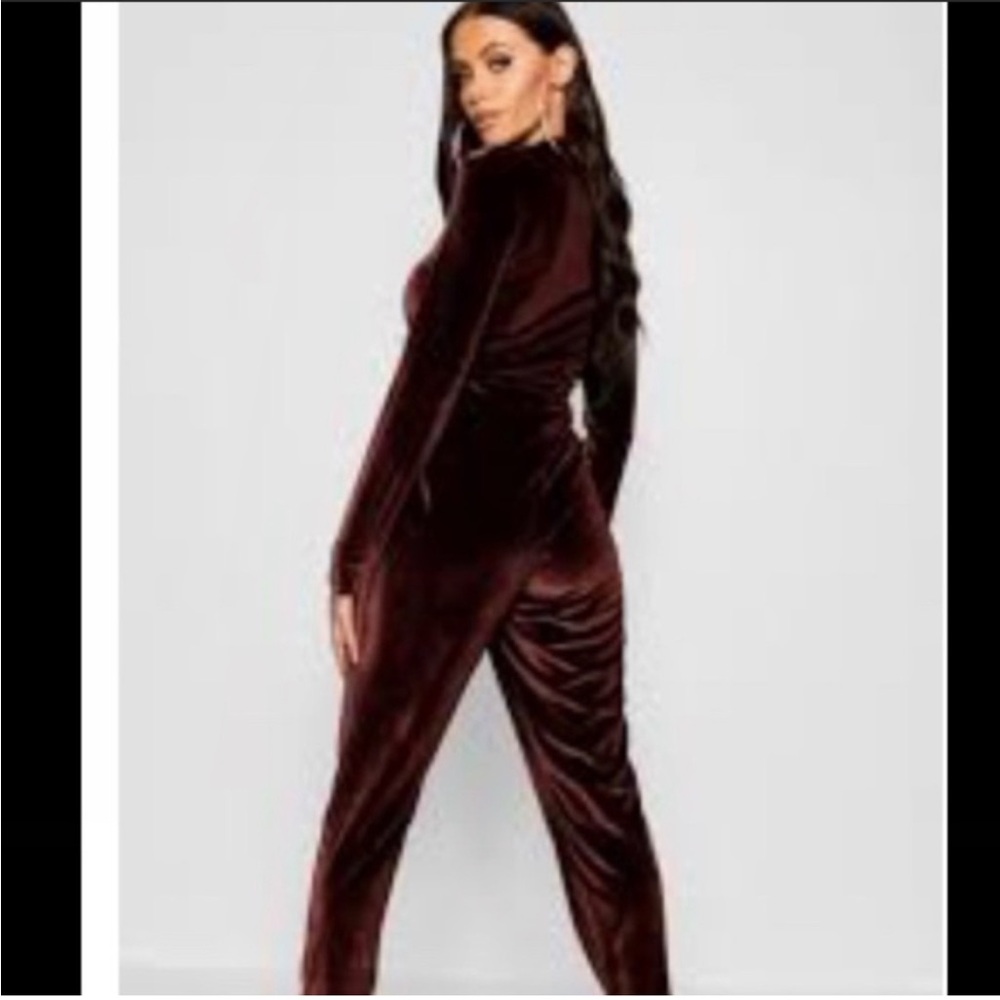 Y2K BCBG Velvet Tracksuit 3 Piece Set Jacket Mock Neck Top Pants Brown Sporty - Picture 3 of 13